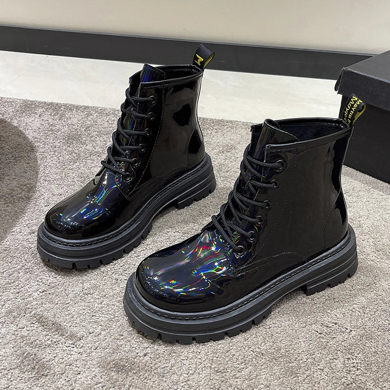Harajuku Style Reflective Color Leather Ankle Boots
