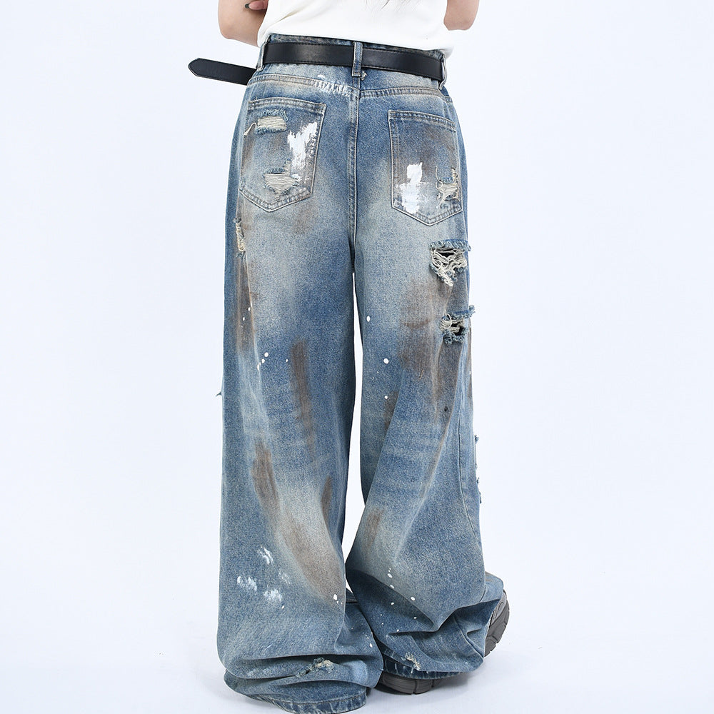 Vintage Washed Denim Pants with Wide Leg