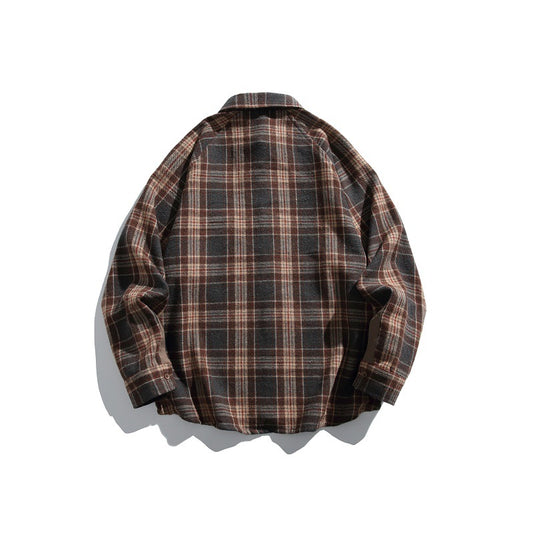 Color-Blocked Checkered Zipper Pocket Loose Long Sleeve Shirt