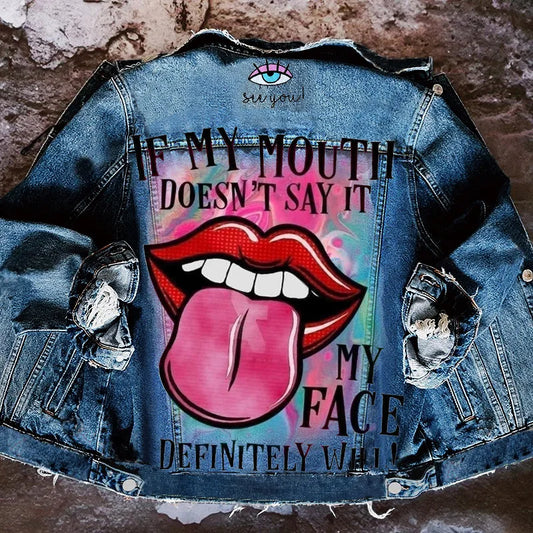 Playful Denim Jacket with Tongue Out Print