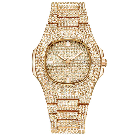 Luxury Diamond Men's Quartz Watch - Gold Stainless Steel