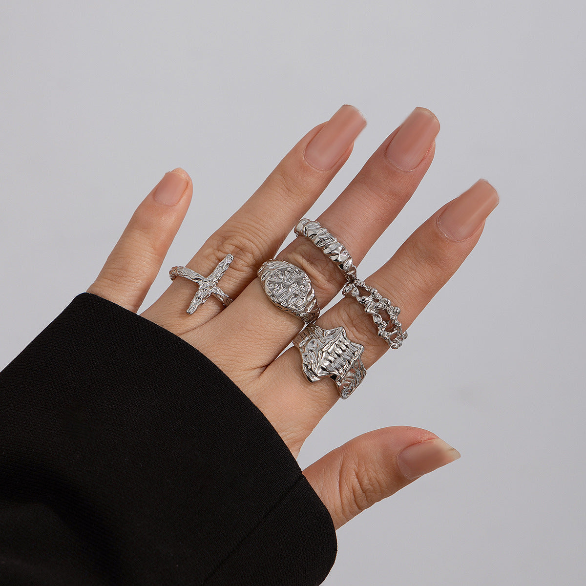 Geometric Metal Lava Line Ring Set - Harajuku Style