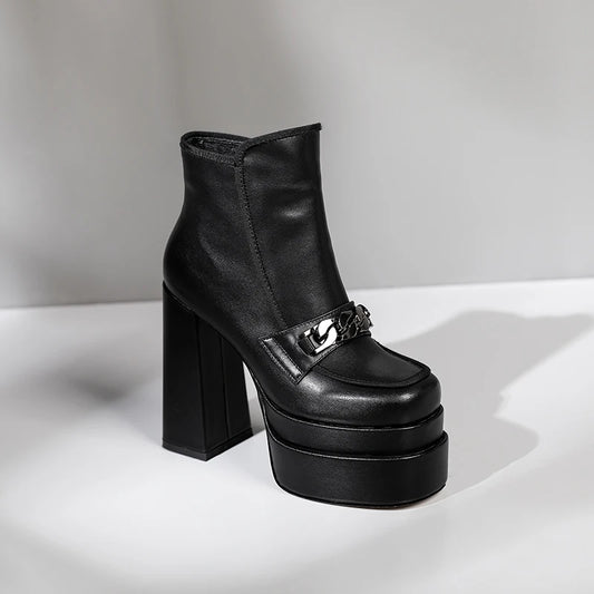 Chunky High Heels Ankle Boots with Metal Decor