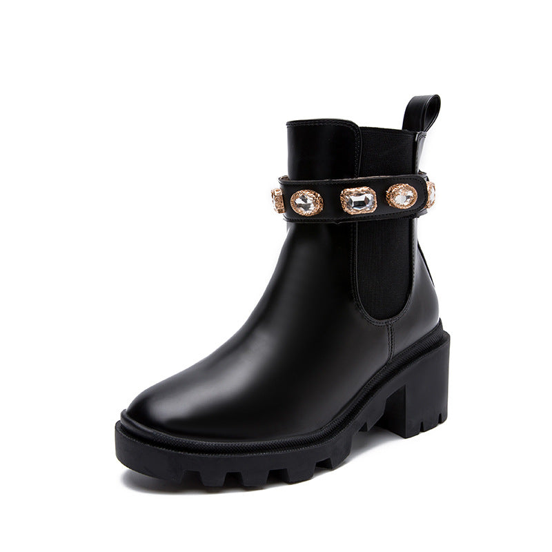 Rhinestone Round Head Mid-Thigh Elastic Boots for Women