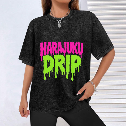 Harajuku Drip Vintage Wash Off Shoulder T-Shirt