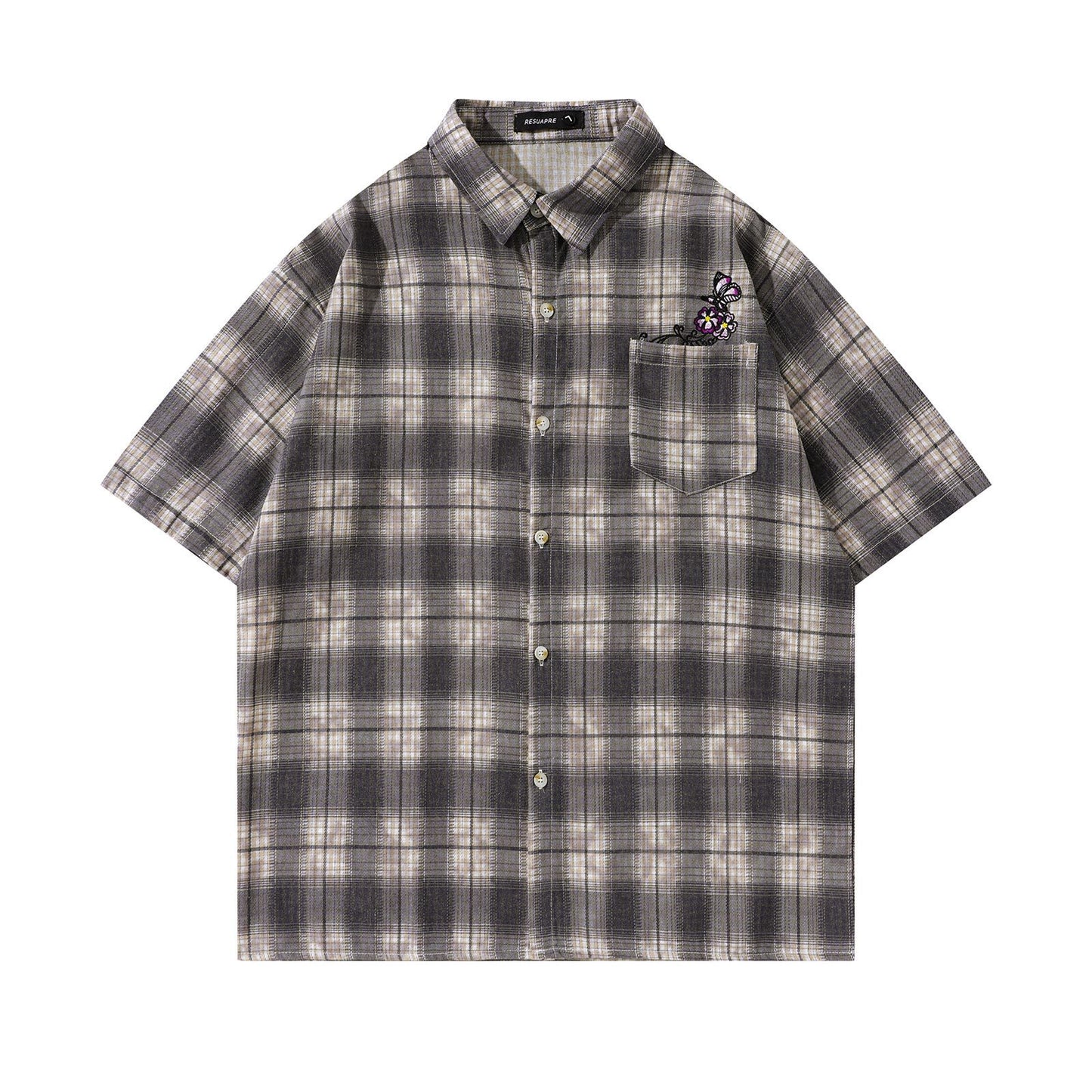 Retro Butterfly Embroidery Casual Plaid Shirt