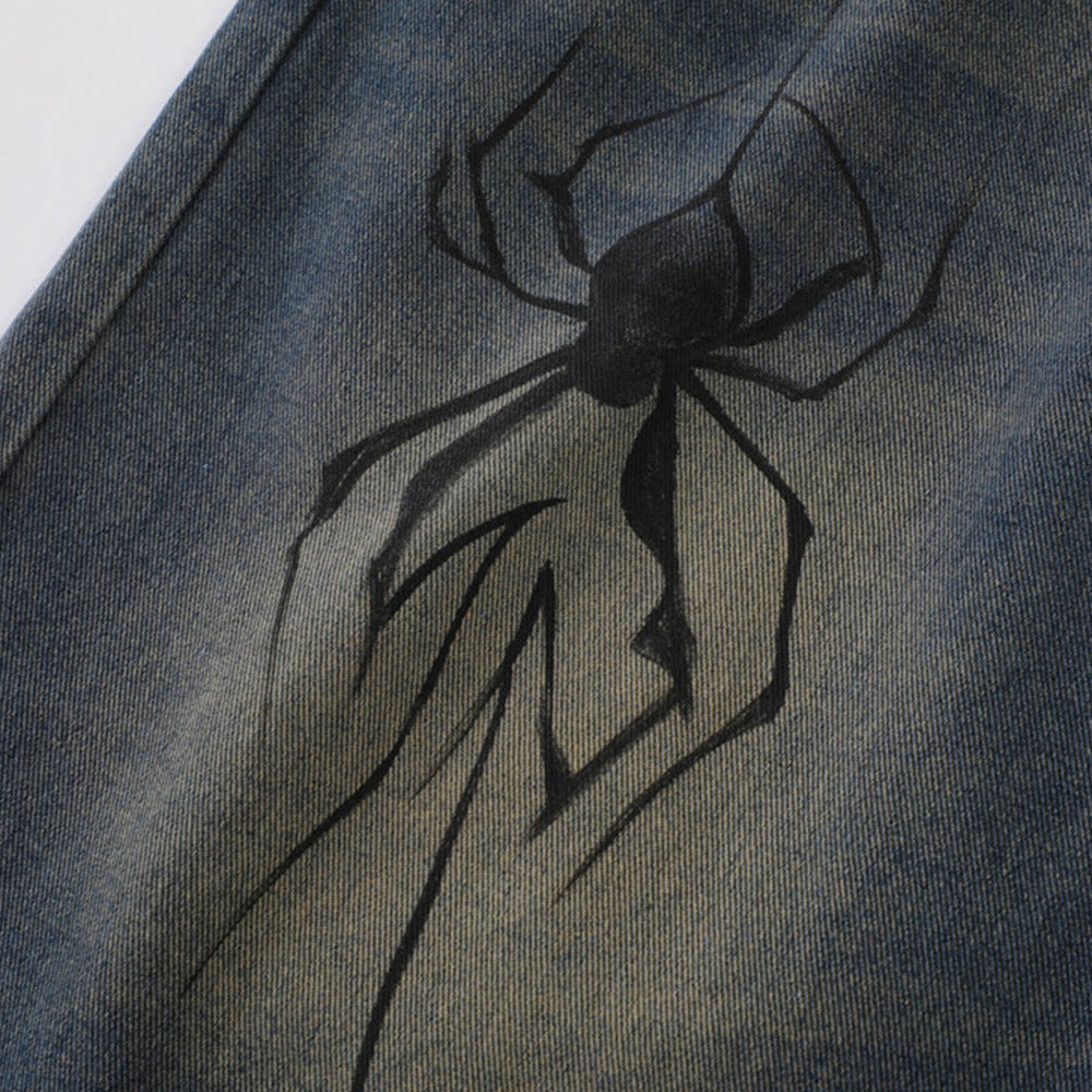 Unique Spider Print Denim Shorts for Men - Harajuku Style