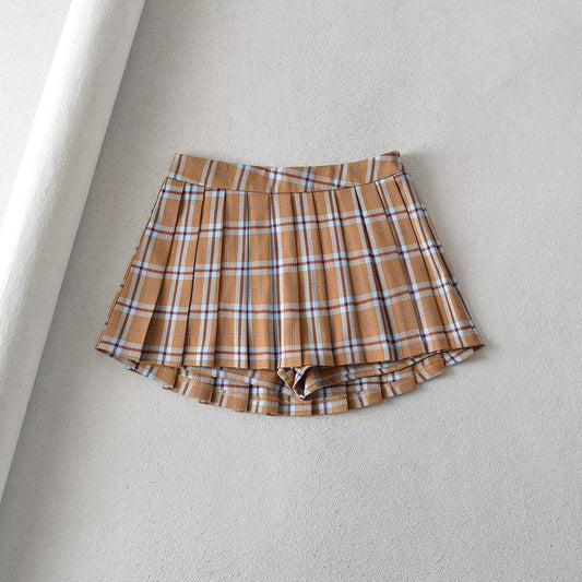 Color-Blocked Plaid Pleated Half-Length Skirt