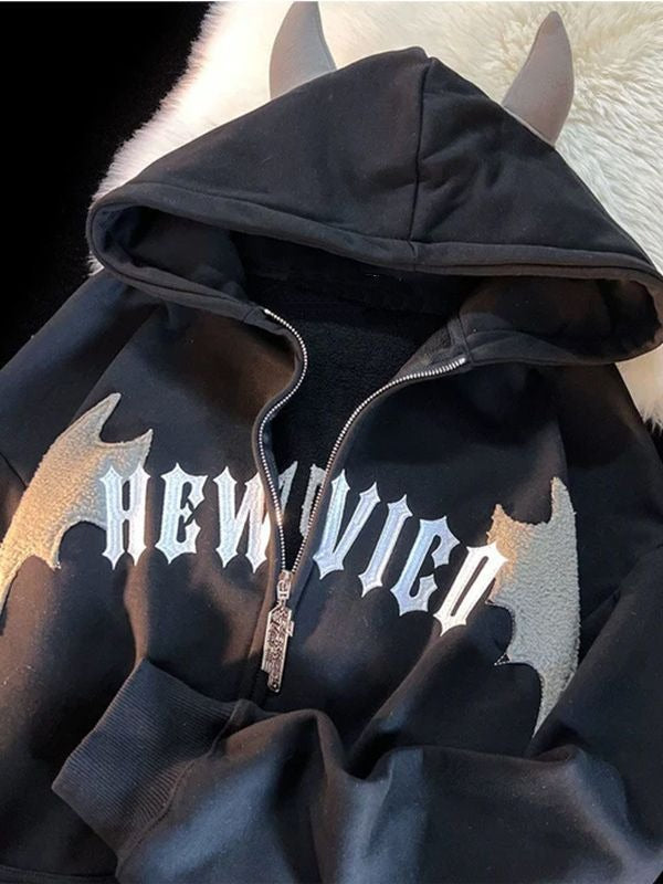 Playful Hooded Zippered Jacket with Cow Horn Patch