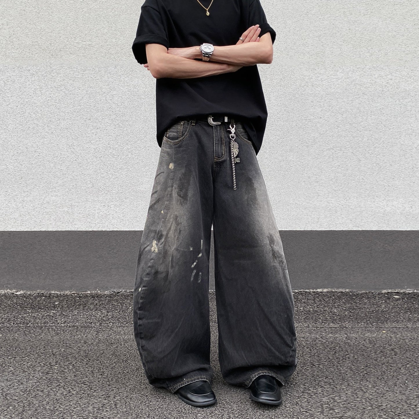 Gradient Black Splashed Ink Wide Leg Jeans for Men