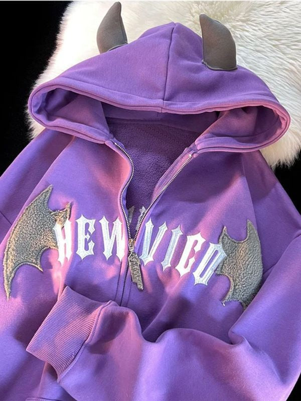 Playful Hooded Zippered Jacket with Cow Horn Patch