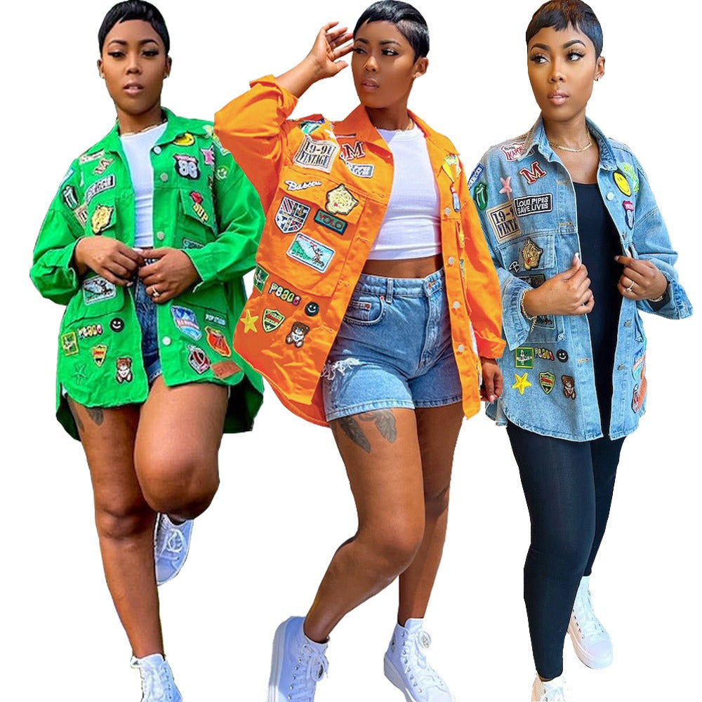 Harajuku Multi-Label Washed Denim Jacket for Women