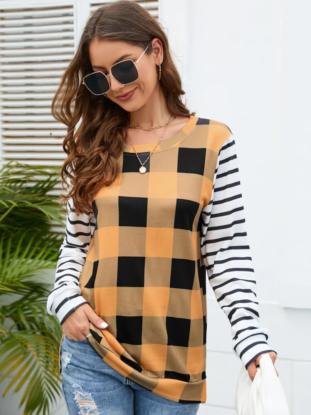 Harajuku Style Plaid Striped Round Neck Long Sleeve T-Shirt