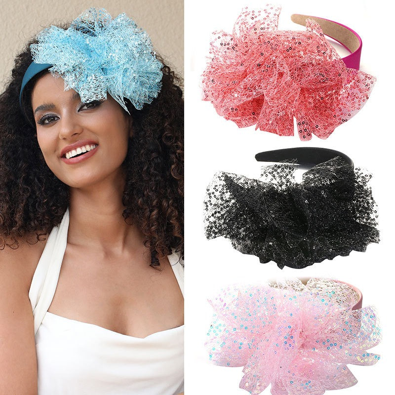 Solid Color Sequin Flower Wide Edge Headband