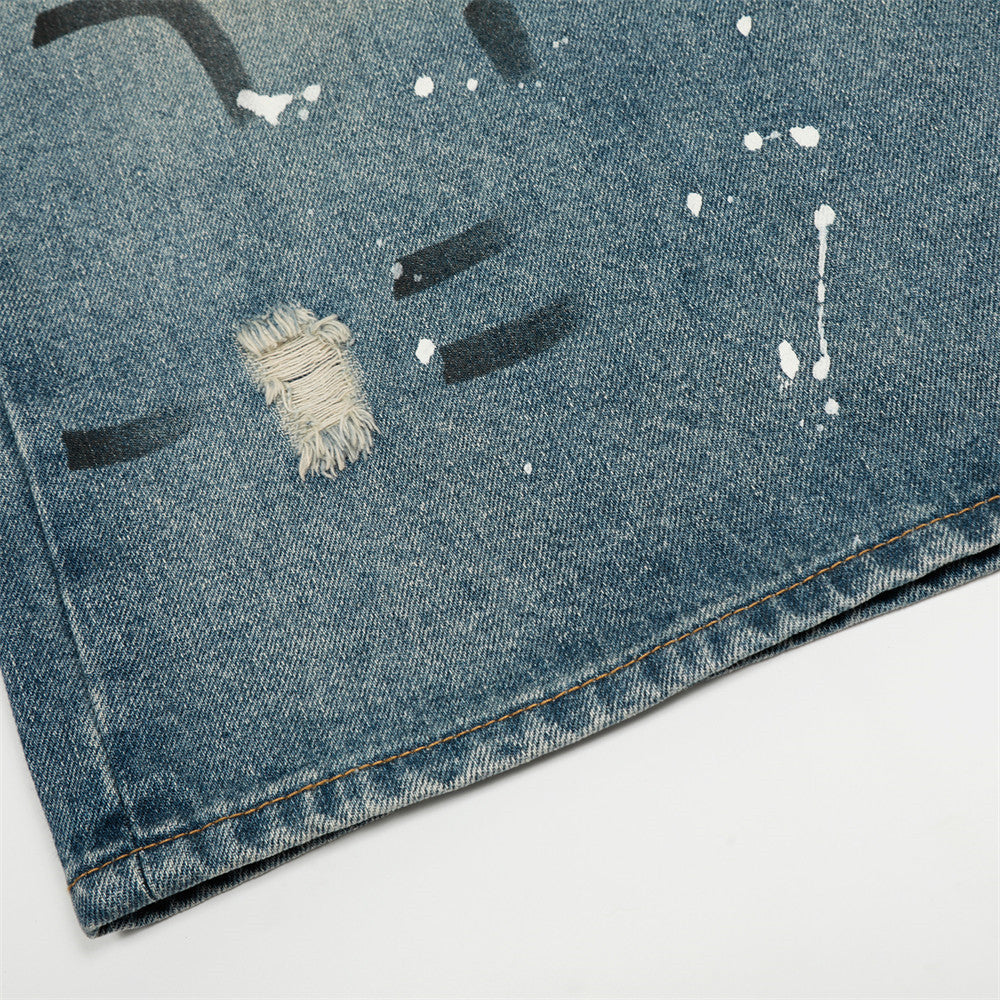 Heavy-Duty Splatter Paint Denim Three-Quarter Pants