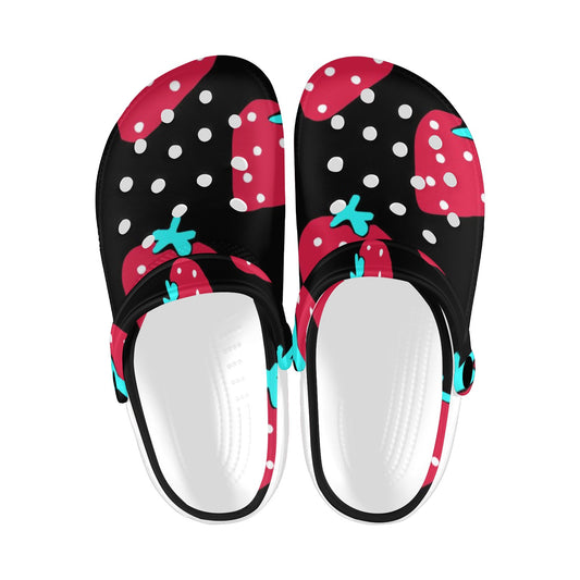 Red Strawberry Black Pattern Print Adults Clogs