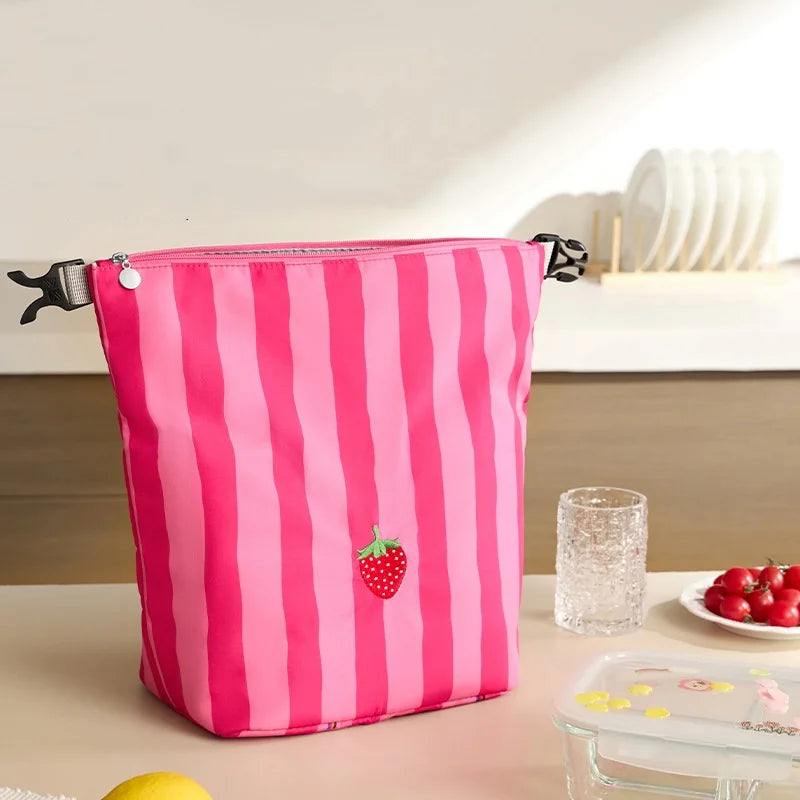 Pink Striped Strawberry Cat Insulated Lunch Bag