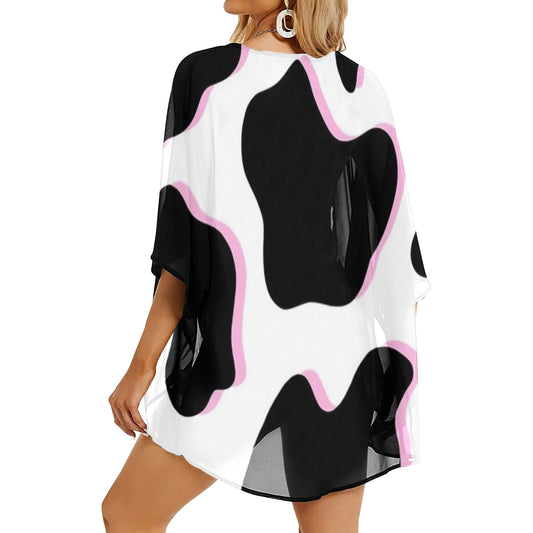 Playful Black and Pink Cow Pattern Women's Kimono Chiffon Cover Up