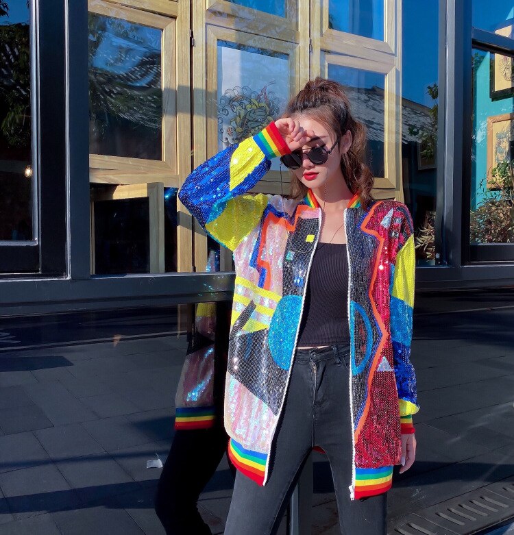 Harajuku Style Sequin Baseball Jacket for Women