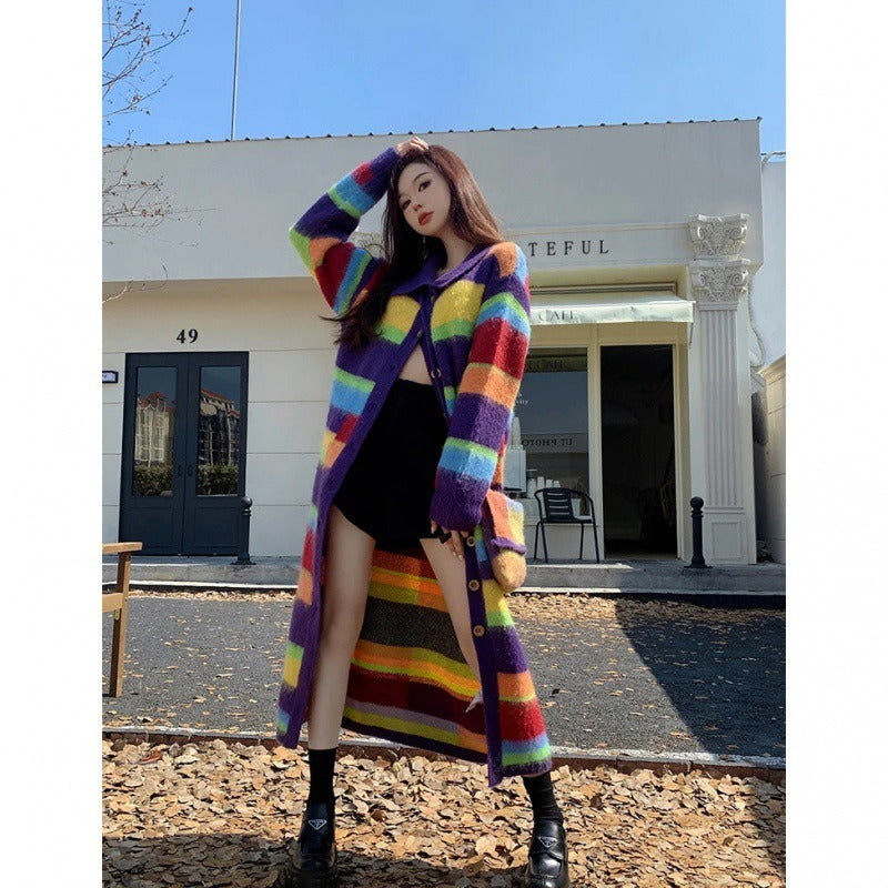 Rainbow Striped Sweater Coat for Women - Autumn & Winter