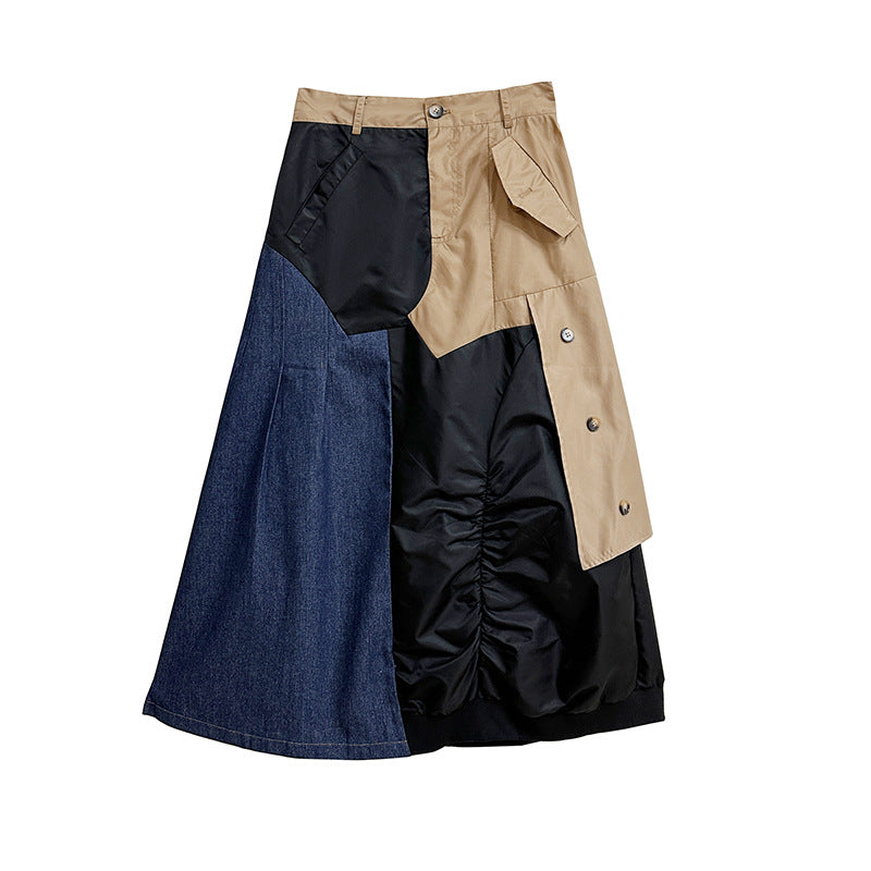 Retro Patchwork Denim High Waisted Skirt for Playful Fashion
