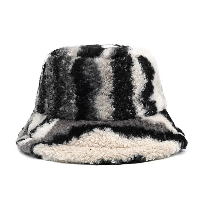 Harajuku Style Zebra Print Faux Fur Panama Bucket Hat