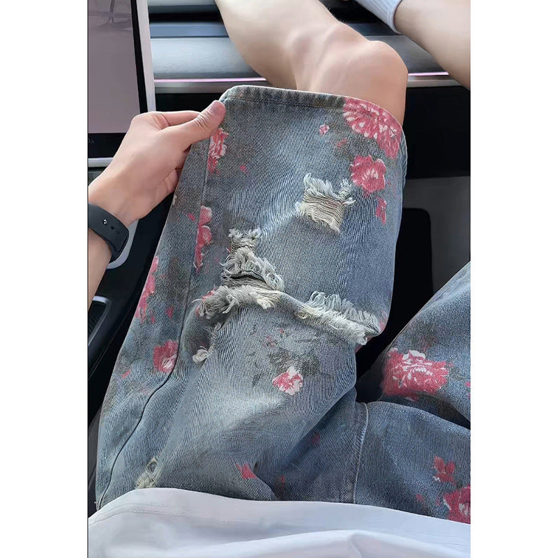Men's Floral Print Ripped Denim Shorts