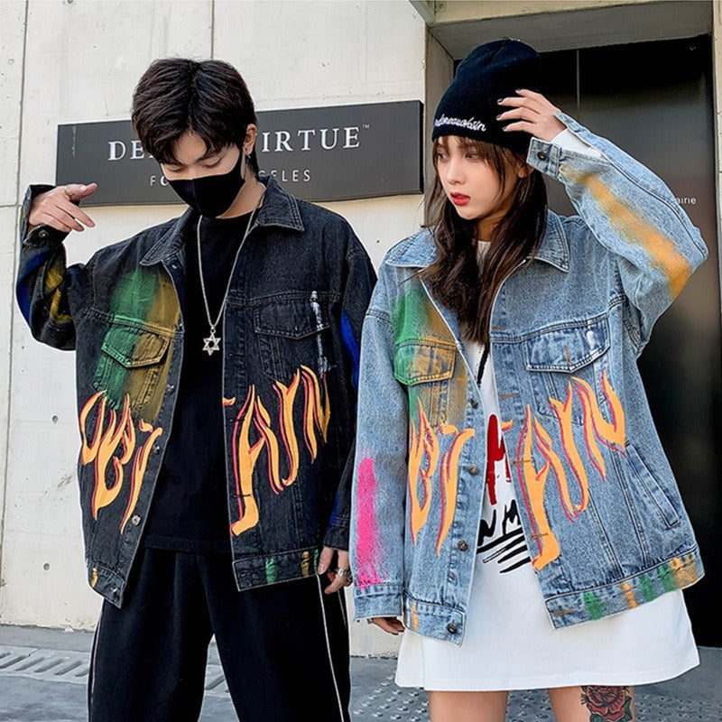 Vintage Hand Painted Graffiti Print Denim Jacket