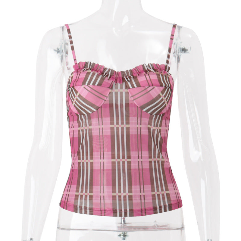 Playful Pink Lace Stripe Plaid Crop Top for Women