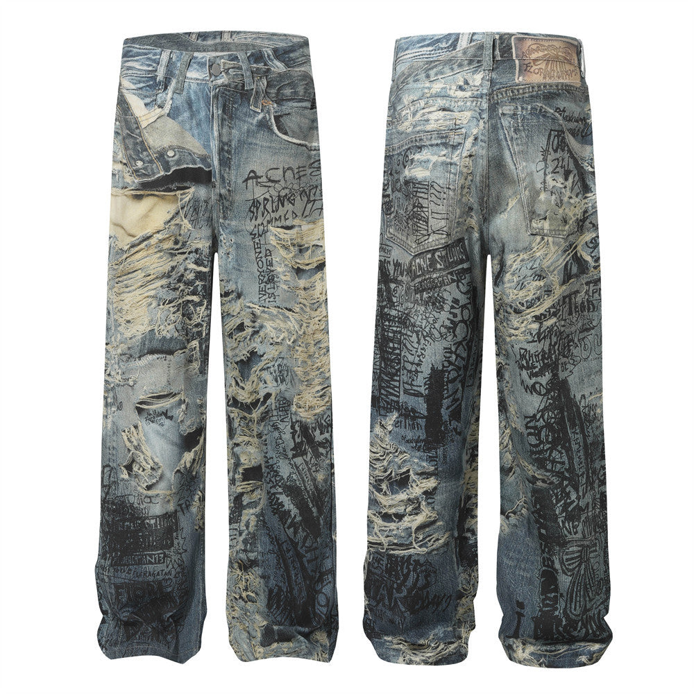 Graffiti Distressed 3D Denim Pants - Unique Harajuku Streetwear