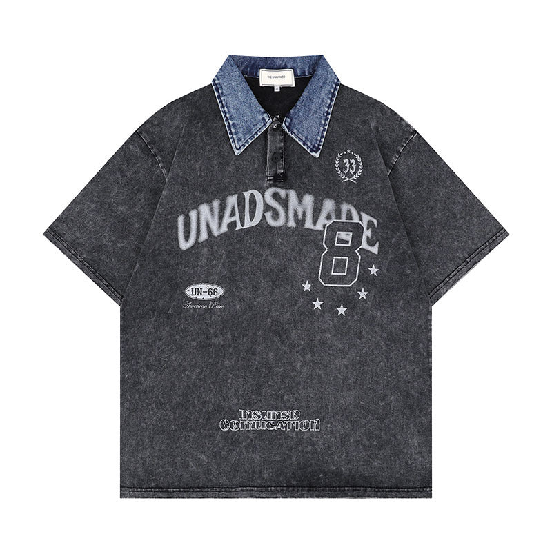Harajuku Style Color Block Polo Shirt with Letter Print