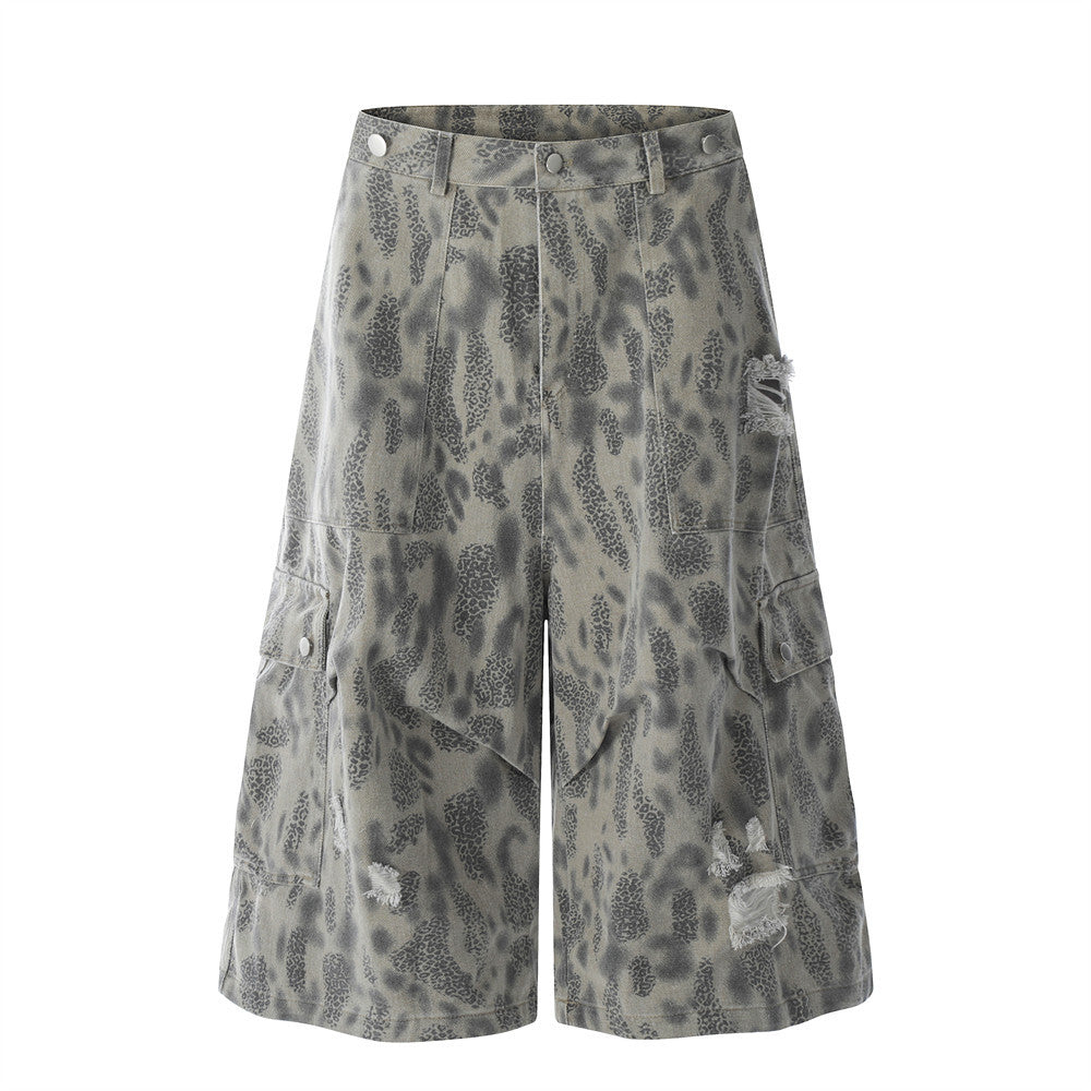 Leopard Print Distressed Cargo Shorts for Men