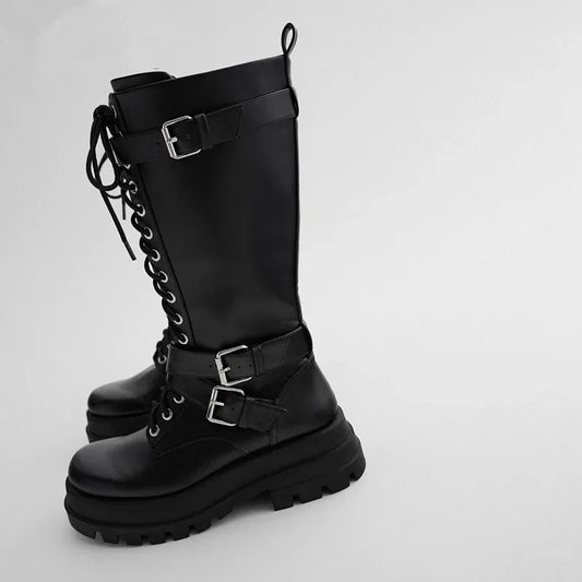 Lace-Up Silver Chain Women's Shoes Thick Heel Knee High Motorcycle Boots