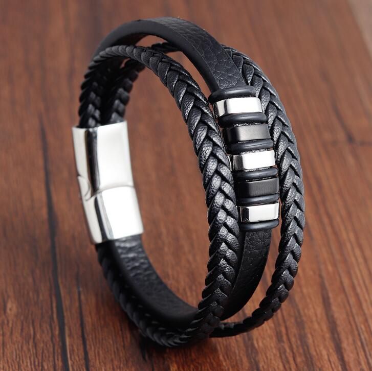 3-Layer Black Gold Punk Style Genuine Leather Bracelet