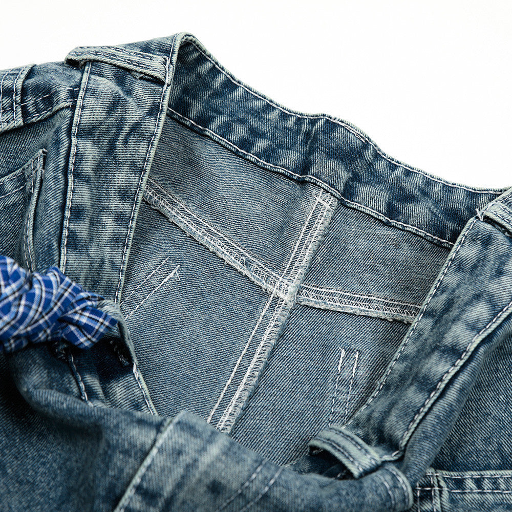 Punk Distressed Denim Shorts with Plaid Belt