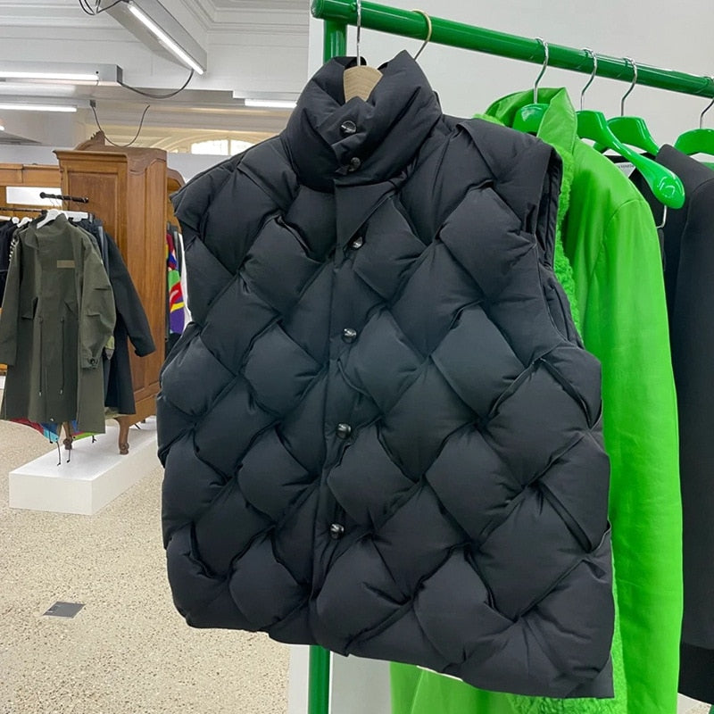 Woven Pattern Green Down Vest - Harajuku Style