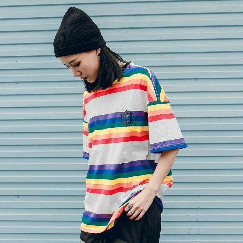 Harajuku Rainbow Striped Hip Hop T-Shirt