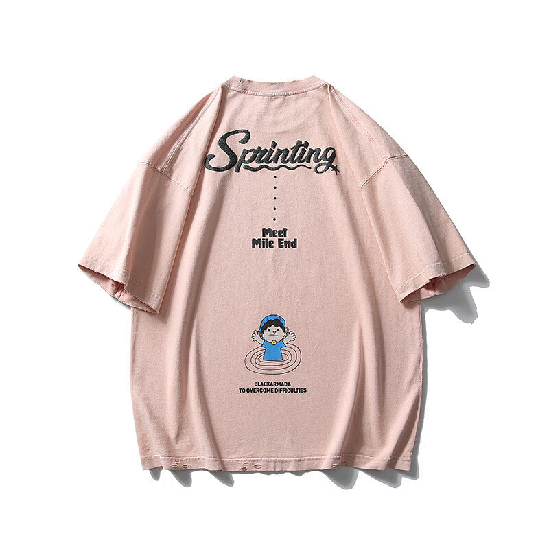 Playful Pattern Embroidered Water Washed Short Sleeve Tee