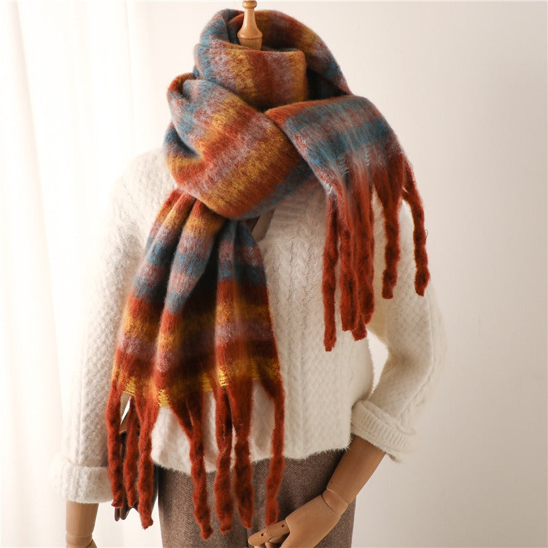 Thick Striped Imitation Cashmere Scarf with Tassels