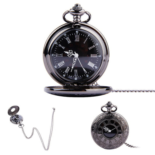 Vintage Roman Numerals Quartz Pocket Watch with Chain