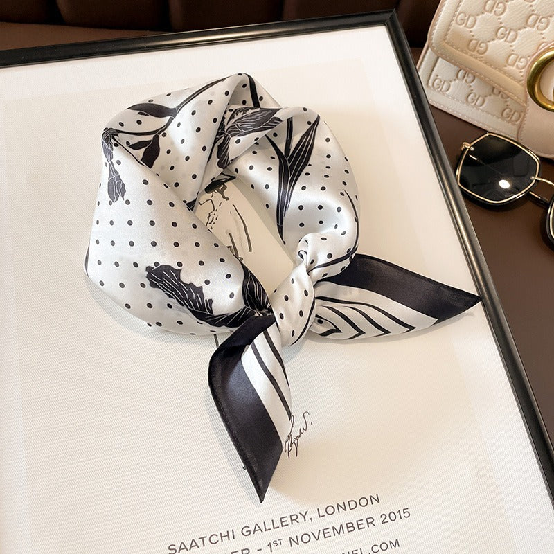 Harajuku Polka Dot Silk Scarf with Leaf Pattern