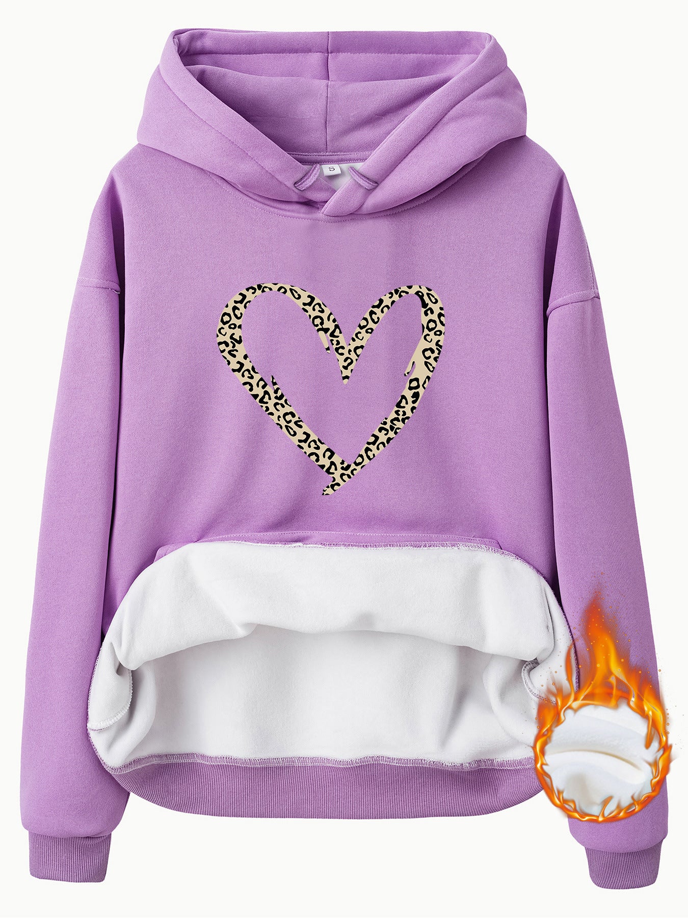 Hooded Long Sleeve Fleece Hoodie with Kangaroo Pocket and Heart-Shaped Print