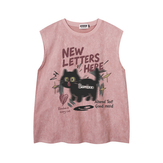 Shocking Black Cat Printed Tank Top — Harajuku Style Retro Loose-Fit Tank (Black, Pink, Apricot, Green)