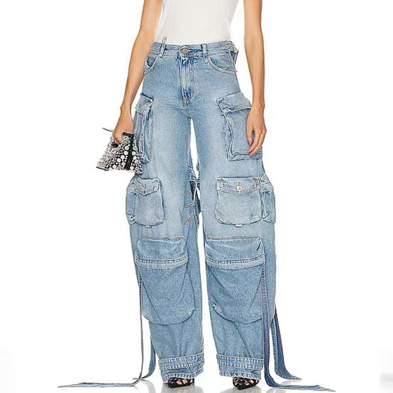 Harajuku-Style Multi Pocket Denim Pants with Decorative Straps