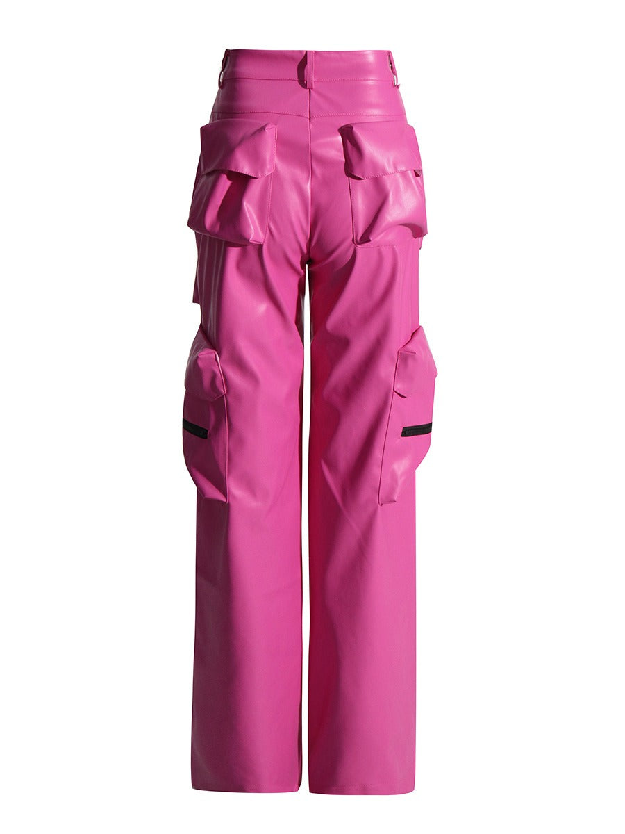 Autumn 2023 High-Waisted PU Leather Long Pants