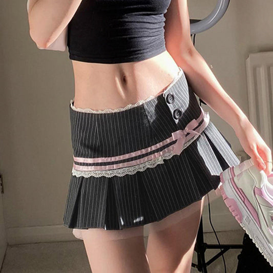 Striped Lace Bow Pleated Skirt