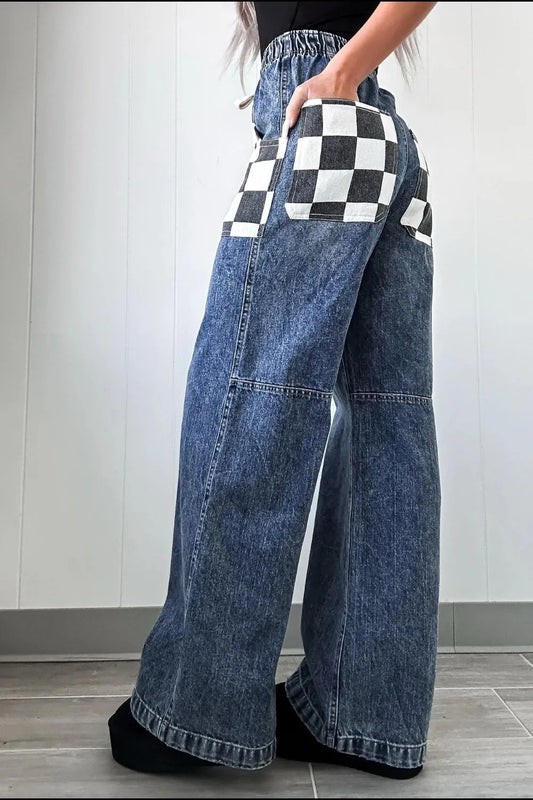 Playful Checkered Wide Leg Jeans