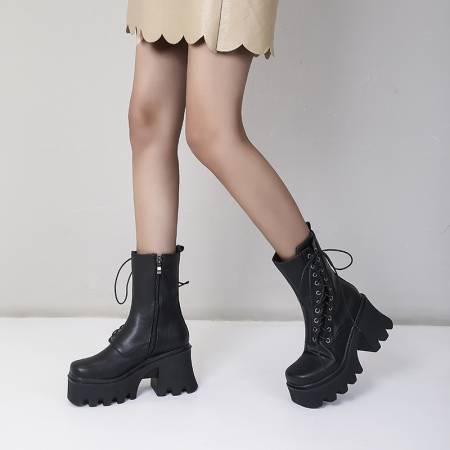 Lace-Up Chunky High-Heeled Platform Women's Short Boots