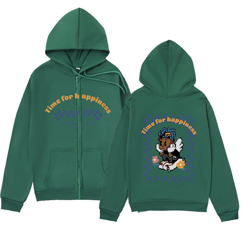 Playful Melancholic Child Print Zip-Up Hoodie