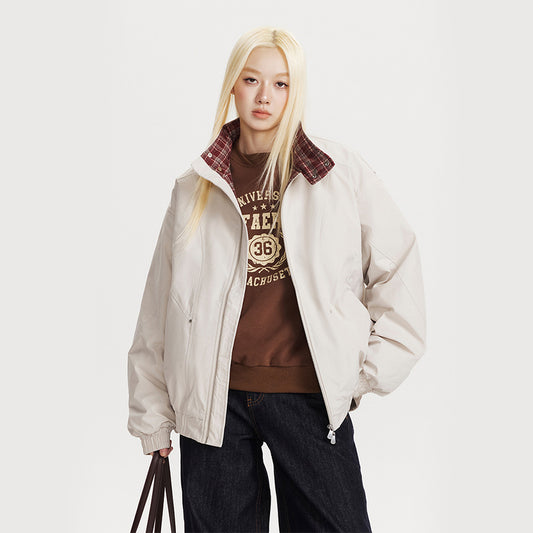 Splicing Plaid Stand-Up Collar Loose Jacket